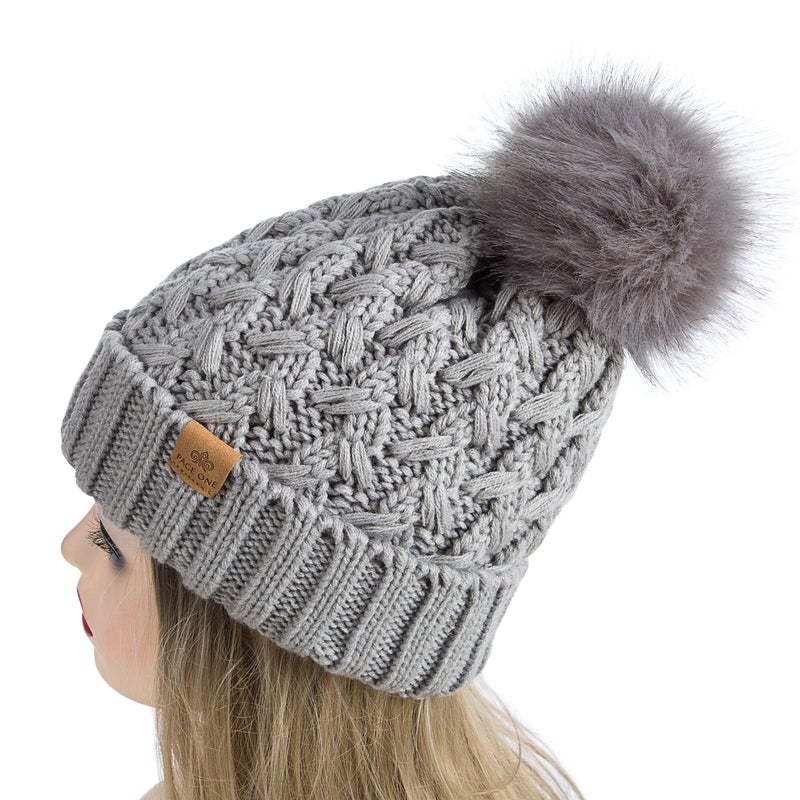 PAGE ONE Womens Winter Ribbed Beanie Crossed Cap Chunky Cable Knit Pompom Soft Warm Hat Light Gray - Image 3